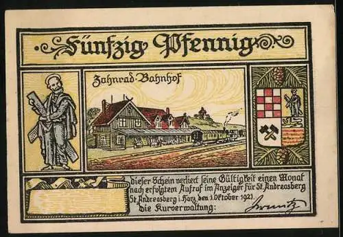 Notgeld St. Andreasberg, 1921, 50 Pfennig, Vorderseite Wintersportler, Rückseite Bahnhof und Wappen