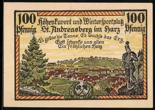Notgeld St. Andreasberg, 1921, 100 Pfennig, Höhenkurort und Wintersportplatz, Zahnradbahnhof und Landschaftsszene