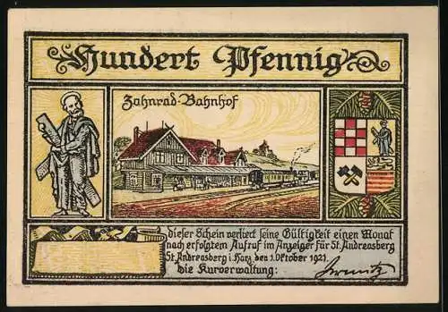 Notgeld St. Andreasberg, 1921, 100 Pfennig, Höhenkurort und Wintersportplatz, Zahnradbahnhof und Landschaftsszene