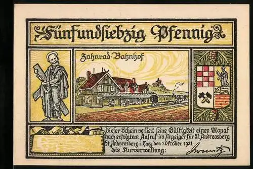 Notgeld St. Andreasberg, 1921, 75 Pfennig, Zahnrad-Bahnhof und Wintersportplatz, Skifahrer und Landschaft im Harz