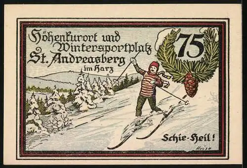 Notgeld St. Andreasberg, 1921, 75 Pfennig, Zahnrad-Bahnhof und Wintersportplatz, Skifahrer und Landschaft im Harz