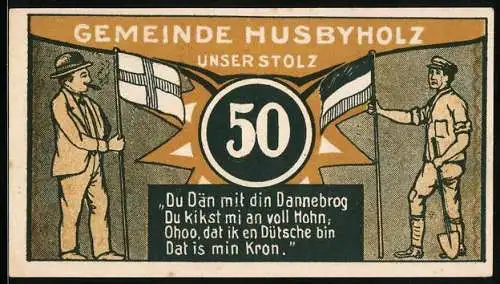 Notgeld Husbyholz, 1921, 50 Pfennig, Darstellung von zwei Männern und einem Gebäude mit der Aufschrift Schule