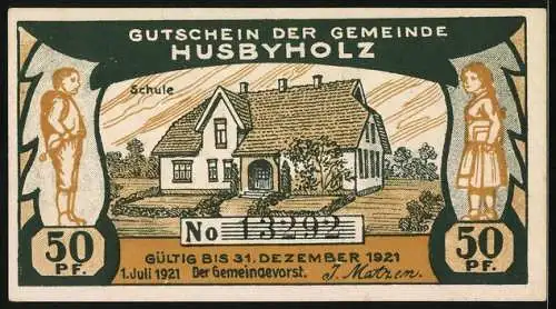 Notgeld Husbyholz, 1921, 50 Pfennig, Darstellung von zwei Männern und einem Gebäude mit der Aufschrift Schule