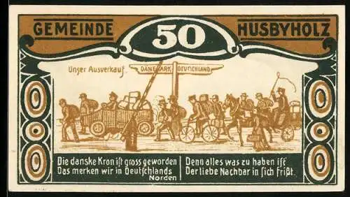 Notgeld Husbyholz, 1921, 50 Pfennig, Vorderseite mit Szene des Ausverkaufs, Rückseite mit Landschaftsbild