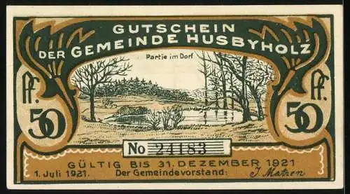 Notgeld Husbyholz, 1921, 50 Pfennig, Vorderseite mit Szene des Ausverkaufs, Rückseite mit Landschaftsbild