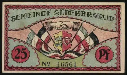 Notgeld Süderbrarup, 25 Pf, Drache reitender Ritter und Karte, Rückseite mit Flaggen und Wappen