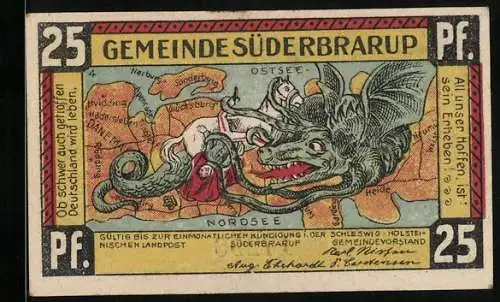 Notgeld Süderbrarup, 25 Pf, Drache auf Landkarte und 14 Punkte auf Rückseite, Nr. 17298