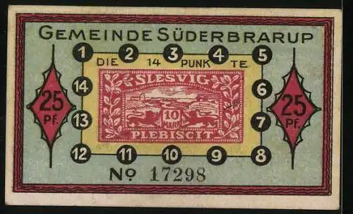 Notgeld Süderbrarup, 25 Pf, Drache auf Landkarte und 14 Punkte auf Rückseite, Nr. 17298