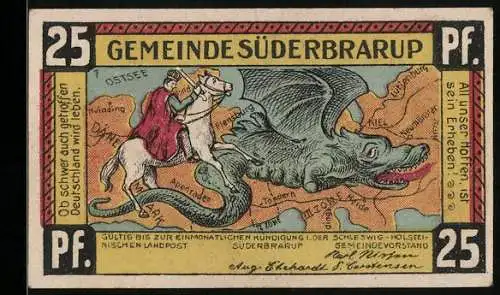 Notgeld Süderbrarup, 25 Pfennig, Ritter auf Pferd kämpft gegen Drachen, Menschenmenge mit Fahnen