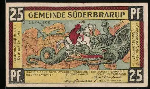 Notgeld Süderbrarup, 25 Pf, Reiter auf Drachen und Baum mit Wappen