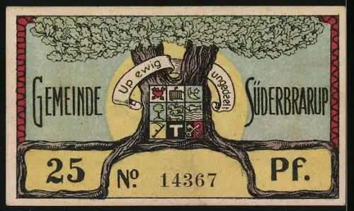 Notgeld Süderbrarup, 25 Pf, Reiter auf Drachen und Baum mit Wappen