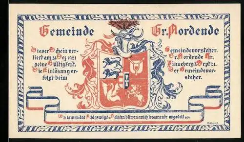 Notgeld Gr. Nordende, 1921, 50 Pfennig, Wappen und Gebäude, blau-rot, detailreiches Design