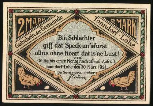 Notgeld Tonndorf-Lohe, 1921, 2 Mark, Gutschein der Gemeinde