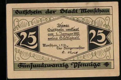 Notgeld Monschau 1921, 25 Pfennig, Gültigkeit bis 1. Januar 1922, Stadtansicht und Burg auf Bergeshöhe