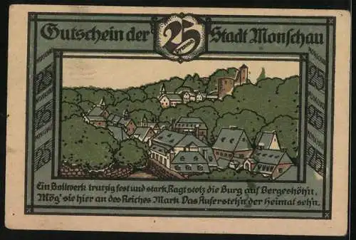 Notgeld Monschau 1921, 25 Pfennig, Gültigkeit bis 1. Januar 1922, Stadtansicht und Burg auf Bergeshöhe