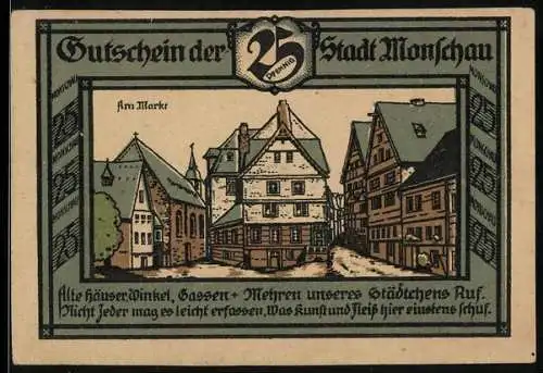 Notgeld Monschau, 1921, 25 Pfennig, Stadtansicht Am Markt und Verfall 1. Januar 1922