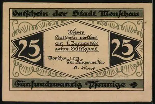 Notgeld Monschau, 1921, 25 Pfennig, Stadtansicht Am Markt und Verfall 1. Januar 1922