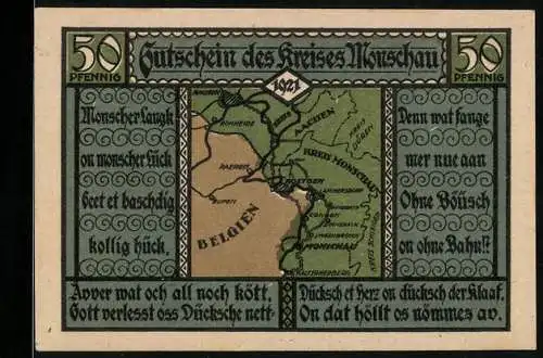 Notgeld Monschau 1921, 50 Pfennig, Karte des Kreises Monschau und Wappen mit Heiligenfigur