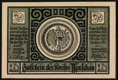 Notgeld Monschau 1921, 50 Pfennig, Karte des Kreises Monschau und Wappen mit Heiligenfigur