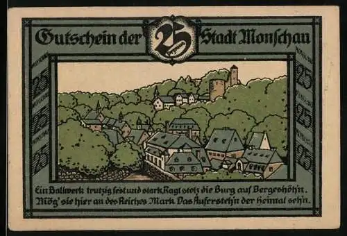 Notgeld Monschau 1921, 25 Pfennig, Stadtansicht mit Burg und Häusern, Gültigkeit bis 1. Januar 1922