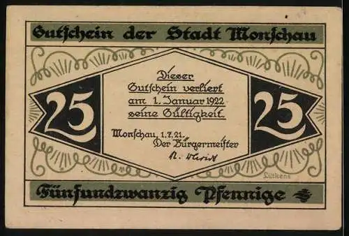 Notgeld Monschau 1921, 25 Pfennig, Stadtansicht mit Burg und Häusern, Gültigkeit bis 1. Januar 1922