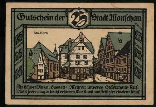 Notgeld Monschau, 1921, 25 Pfennig, Stadtansicht Am Markt und Gültigkeitsvermerk 1922