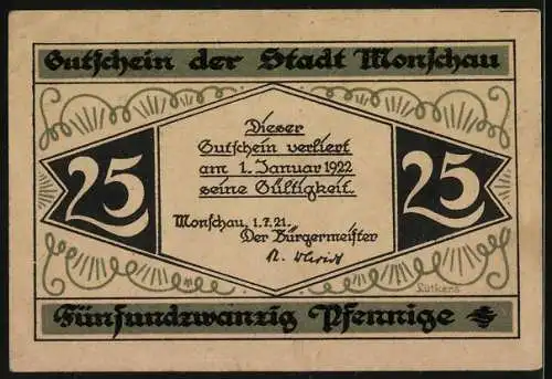 Notgeld Monschau, 1921, 25 Pfennig, Stadtansicht Am Markt und Gültigkeitsvermerk 1922