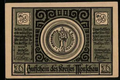 Notgeld Monschau, 1921, 50 Pfennig, Gutschein des Kreises Monschau mit Karte und Gedicht