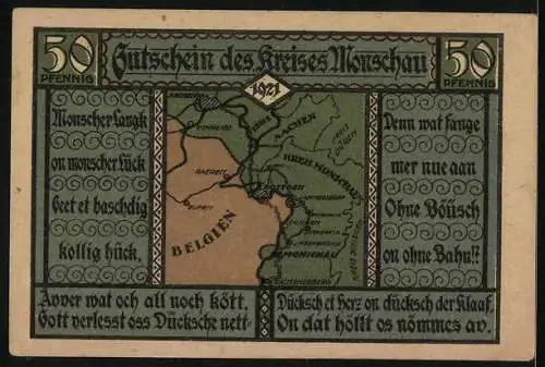 Notgeld Monschau, 1921, 50 Pfennig, Gutschein des Kreises Monschau mit Karte und Gedicht