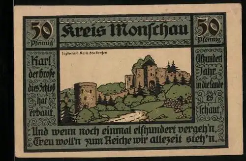 Notgeld Monschau, 1921, 50 Pfennig, Darstellung der Burg Monschau und ein Siegel mit einer Figur auf der Rückseite