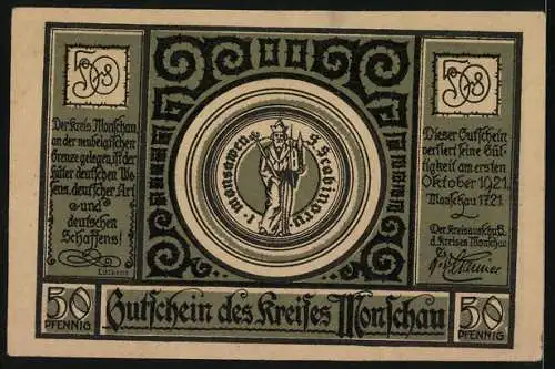 Notgeld Monschau, 1921, 50 Pfennig, Darstellung der Burg Monschau und ein Siegel mit einer Figur auf der Rückseite