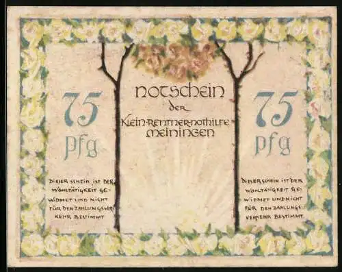 Notgeld Meiningen, 75 Pfennig, Notschein der Klein-Rentner-Nothilfe mit Blumendekor und Illustration von Arthur Kirchner