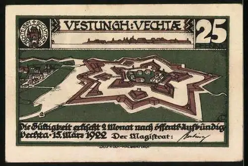 Notgeld Vechta 1922, 25 Pfennig, Silhouetten und Festung Vechta