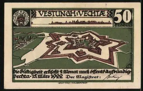 Notgeld Vechta 1922, 50 Pfennig, Darstellung der Festung und Silhouetten von Personen und Hund