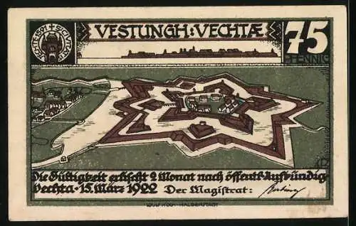 Notgeld Vechta, 1922, 75 Pfennig, Festung Vechta und Landschaft mit Schaf und Bäumen