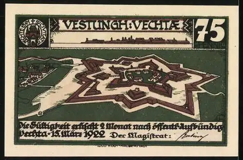 Notgeld Vechta 1922, 75 Pfennig, Festung Vechta und Kettenhund zur Strafe