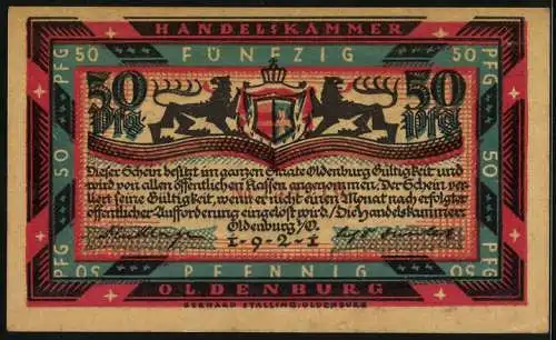 Notgeld Oldenburg 1921, 50 Pfennig, Handelskammer mit Löwen und Inschrift