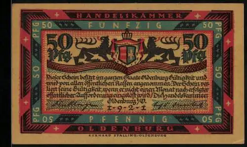 Notgeld Oldenburg, 1921, 50 Pfennig, Handelskammer, zwei Löwen mit Schild und Lagerfeuer-Szene