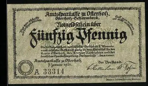 Notgeld Osterholz 1921, 50 Pfennig, Amtsparkasse zu Osterholz und Kreishaus Illustration