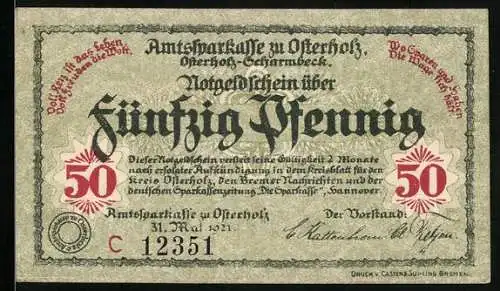 Notgeld Osterholz 1921, 50 Pfennig, Amtsparkasse zu Osterholz mit Kreishaus Illustration und Sprüchen, Serie C 12351