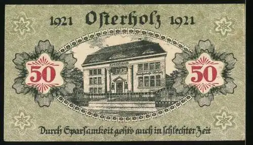 Notgeld Osterholz 1921, 50 Pfennig, Amtsparkasse zu Osterholz mit Kreishaus Illustration und Sprüchen, Serie C 12351
