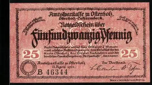 Notgeld Osterholz 1921, 25 Pfennig, Amtsparkasse zu Osterholz in Rot mit Gebäudeabbildung