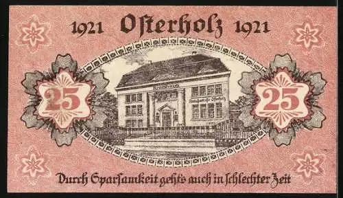 Notgeld Osterholz 1921, 25 Pfennig, Amtsparkasse zu Osterholz in Rot mit Gebäudeabbildung