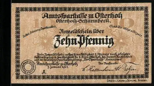 Notgeld Osterholz-Scharmbeck 1921, 10 Pfennig, Amtsparkasse zu Osterholz, 3. Januar 1921, braun mit Blumenornamenten