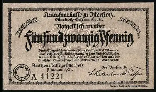 Notgeld Osterholz 1921, fünfundzwanzig Pfennig, Kreishaus