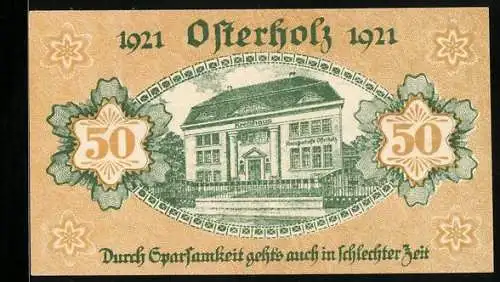 Notgeld Osterholz 1921, 50 Pfennig, Kreishaus und Schriftzüge mit Seriennummer B 44387