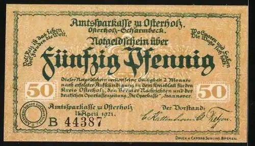 Notgeld Osterholz 1921, 50 Pfennig, Kreishaus und Schriftzüge mit Seriennummer B 44387