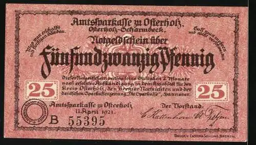 Notgeld Osterholz 1921, 25 Pfennig, Amtsparkasse zu Osterholz mit Kreishaus Darstellung