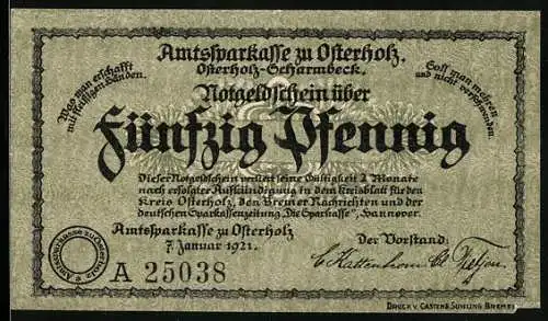 Notgeld Osterholz 1921, 50 Pfennig, Amtsparkasse Notgeldschein mit Kreishausabbildung