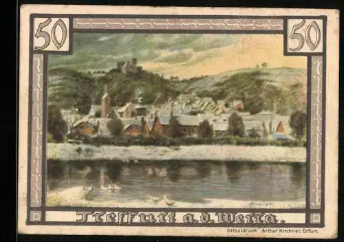 Notgeld Treffurt an der Werra, 1921, 50 Pfennig, Stadtansicht und Wappen, gültig bis 1.4.1922